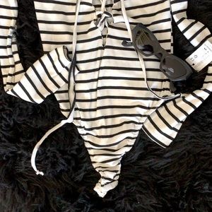 Black and White Striped Lace Up Bodysuit